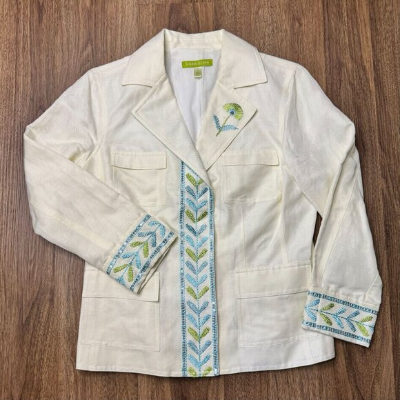 Sigrid Olsen Linen Blend Blazer Womens 6 Ivory Embroidered Floral‎ Snap FLAW - Picture 1 of 10